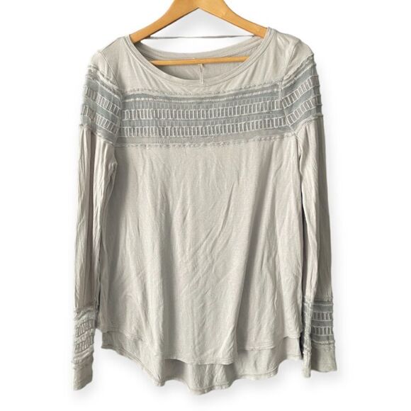 Free People Gray/Purple Mesh Inset Roxie Tee Long Sleeve Crew Neck Top Size S - Picture 2 of 6